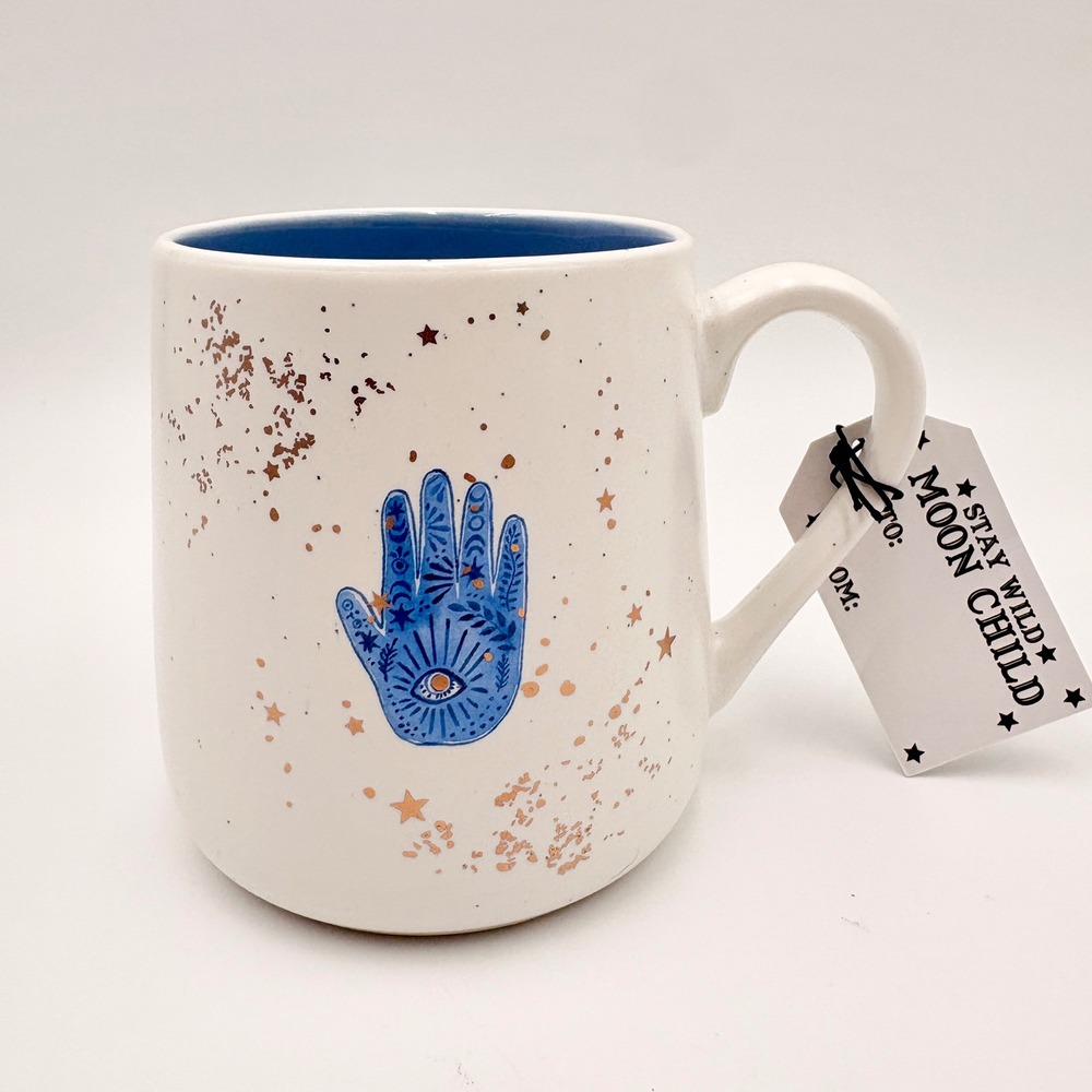 Celestial Hamsa Hand Ceramic Coffee Mug White Blue Gold Stay Wild Moon Child